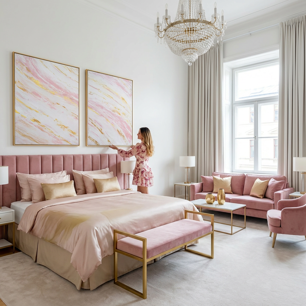 Original Painting Abstract Marble Sea Wave Pink Gold - Blush Tides | Swedish Art