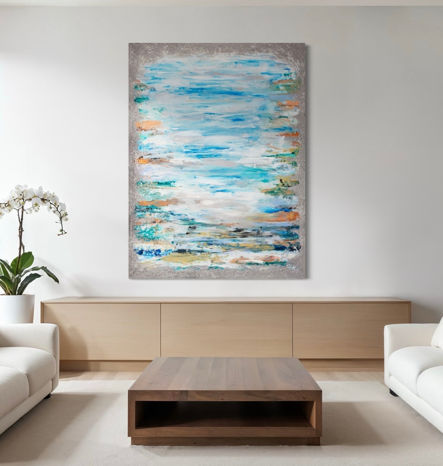 Abstrakt Havslandskap Canvas - Svensk Väggkonst Blå och Silver: "Silverdagsljus"