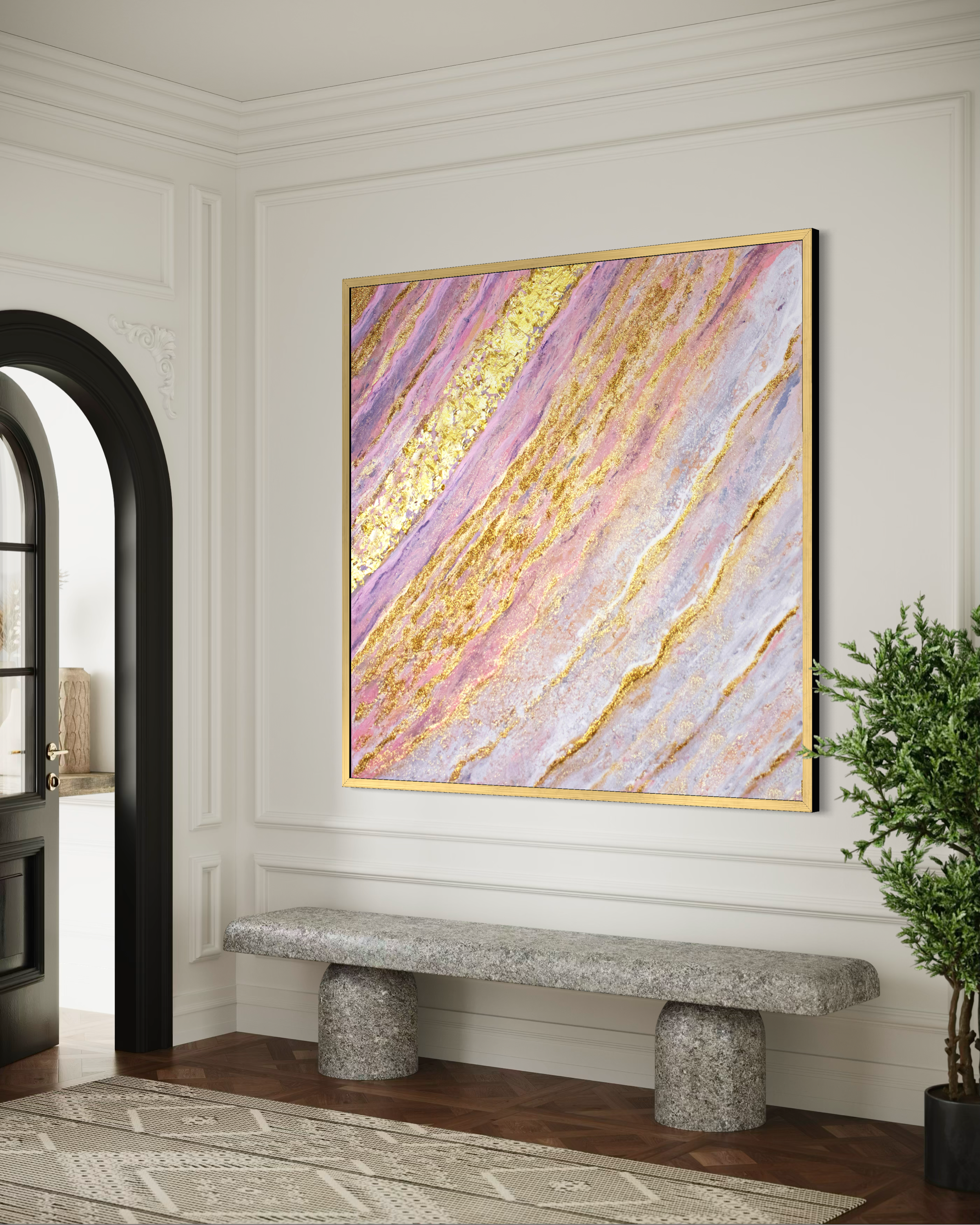 Pink Lake – Akrylmålning original 100x100 cm med bladguld
