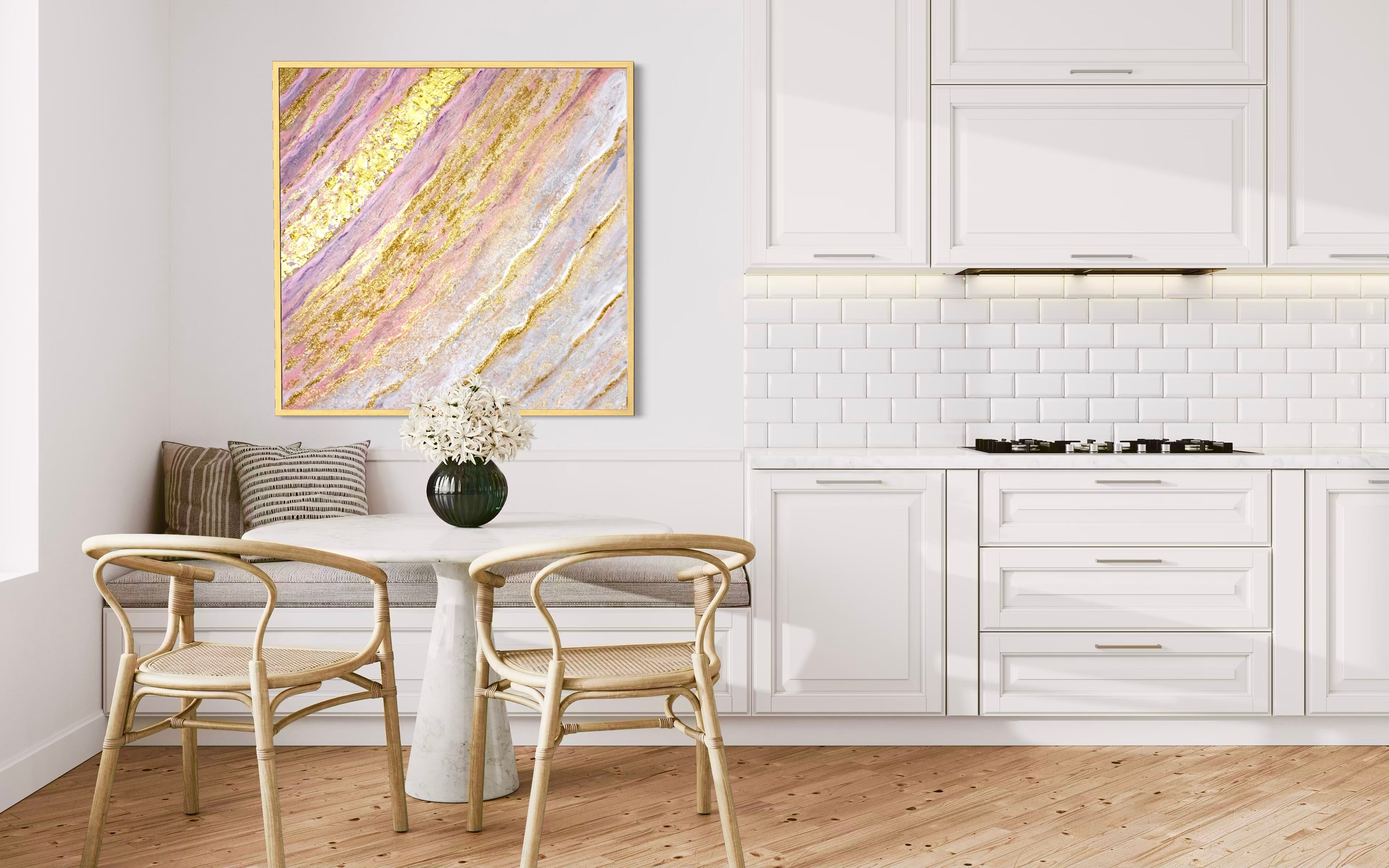 Pink Lake – Original Acrylic Painting 100x100 cm with Gold Leaf