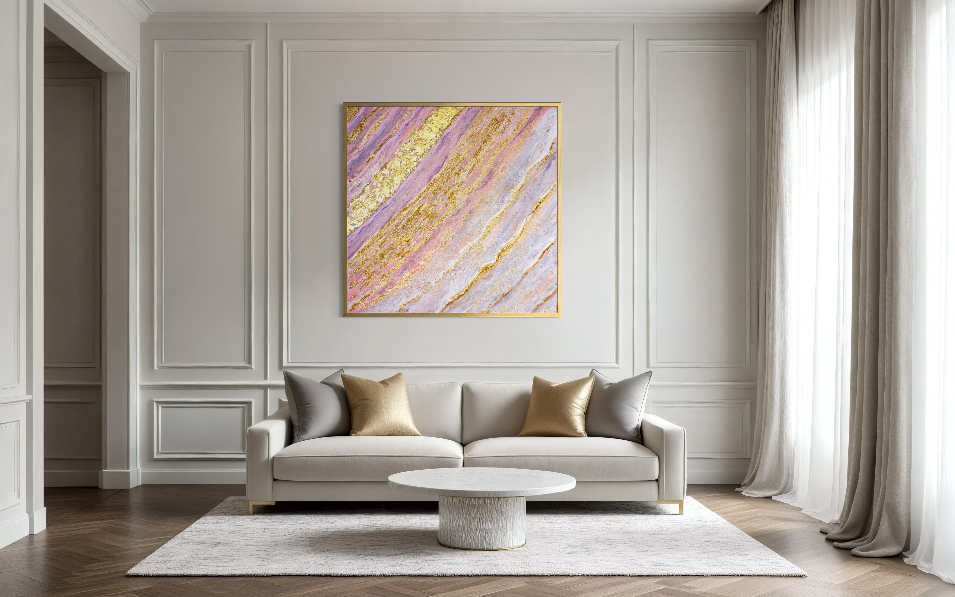 Pink Lake – Akrylmålning original 100x100 cm med bladguld