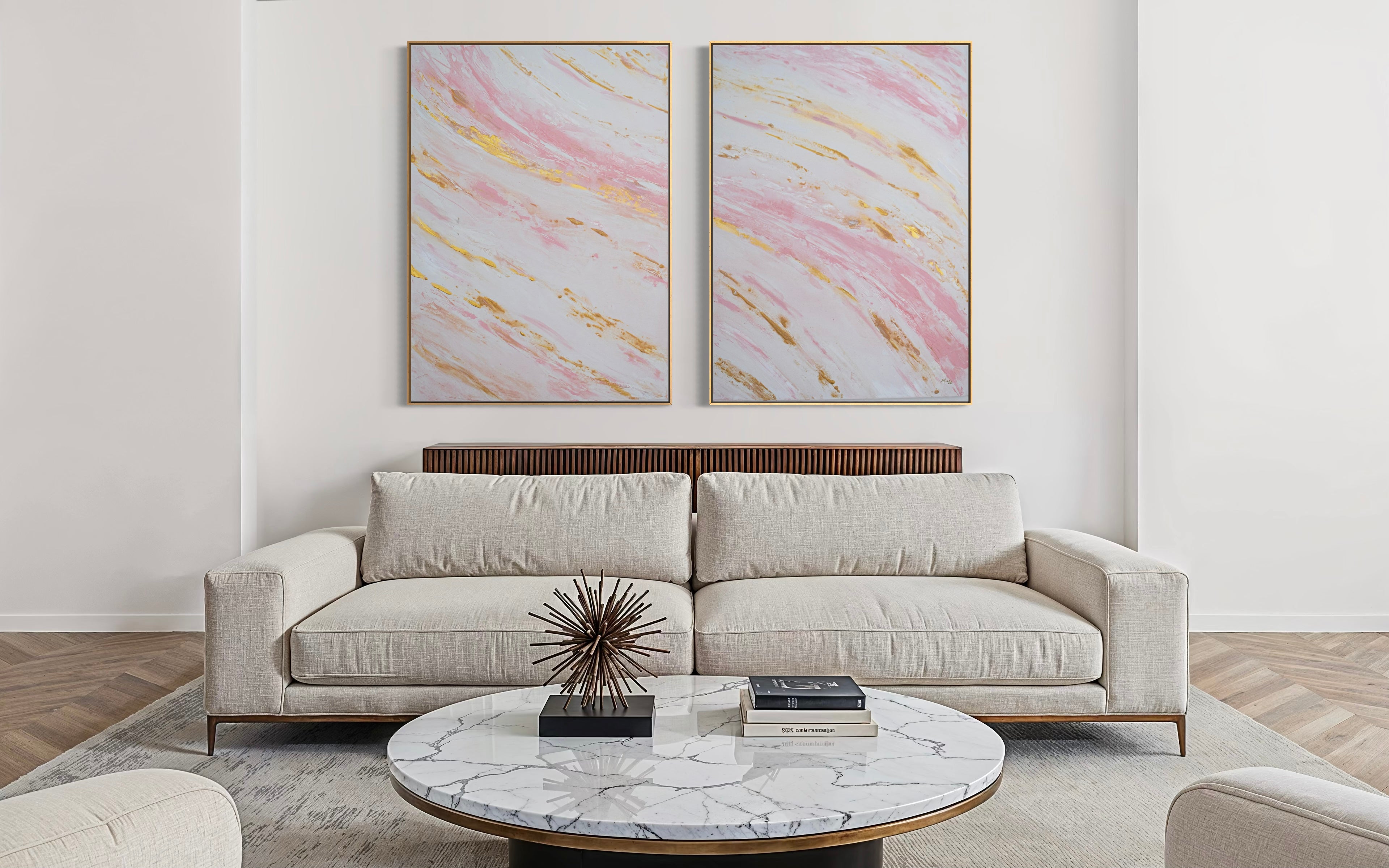 Original Painting Abstract Marble Sea Wave Pink Gold - Blush Tides | Swedish Art