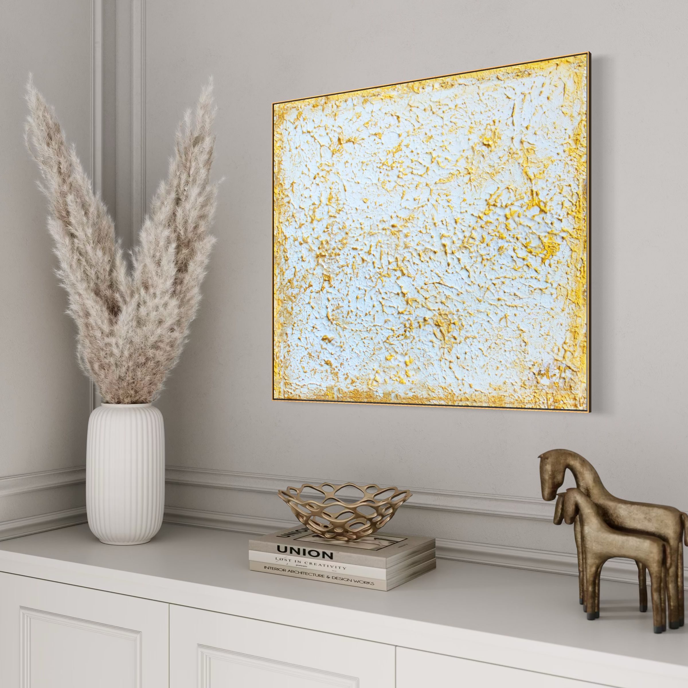 Original painting Abstract Gold and White "Organic 3D gold painting"